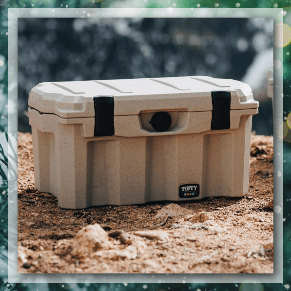 Tuffy universal portable safe resting on rugged outdoor terrain, featuring a durable latching lid and impact-resistant construction designed for secure storage off-road.