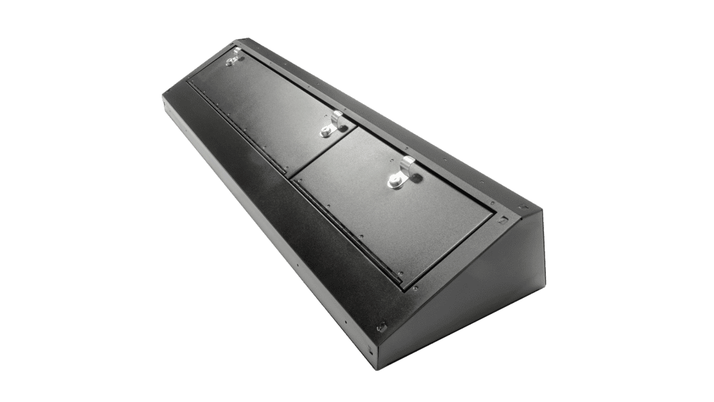 Angled side view of a Tuffy underseat security lockbox with dual compartments and keyed locks, designed for hidden vehicle storage.