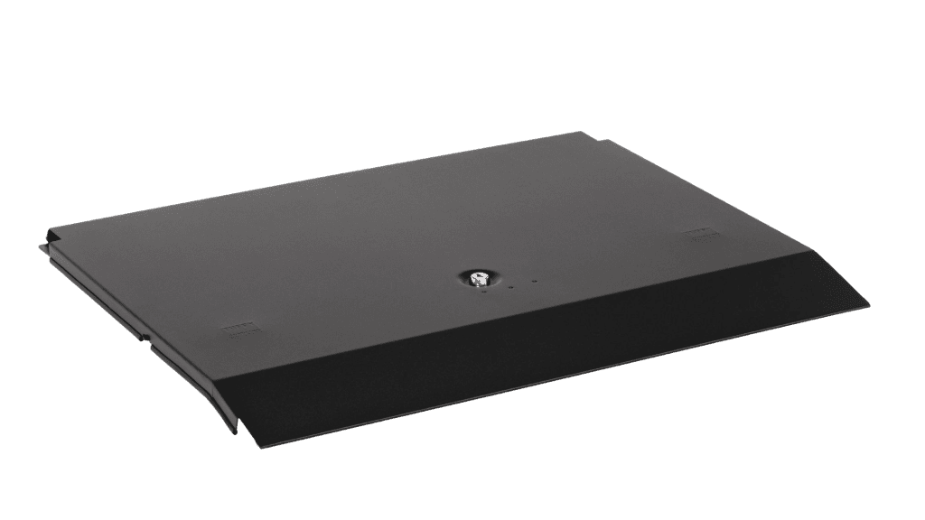 Angled front view of the Tuffy Security Products Locking Cubby Cover featuring a keyed lock in the center of the powder-coated steel lid.