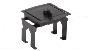 Three-quarter front view highlighting the Tuffy Console Safe’s OEM-fit design and durable textured black powder-coat finish.