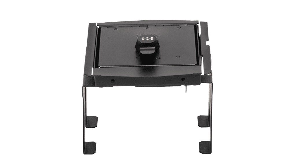 Frontal view showing the Tuffy Console Safe’s combination lock and reinforced welded frame, engineered for secure in-console installation.