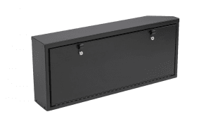 Three-quarter rear angle of the Tuffy Tailgate Lockbox highlighting heavy-duty welded steel construction and low-profile design for OEM fitment.