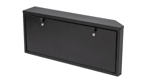 Angled view of the Tuffy Tailgate Lockbox closed, featuring keyed locks and durable textured black powder-coat finish.