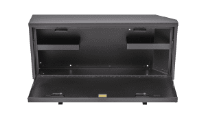 Front view of the Tuffy Tailgate Lockbox for Jeep Wrangler JL with door open, showing spacious interior and dual removable storage trays.