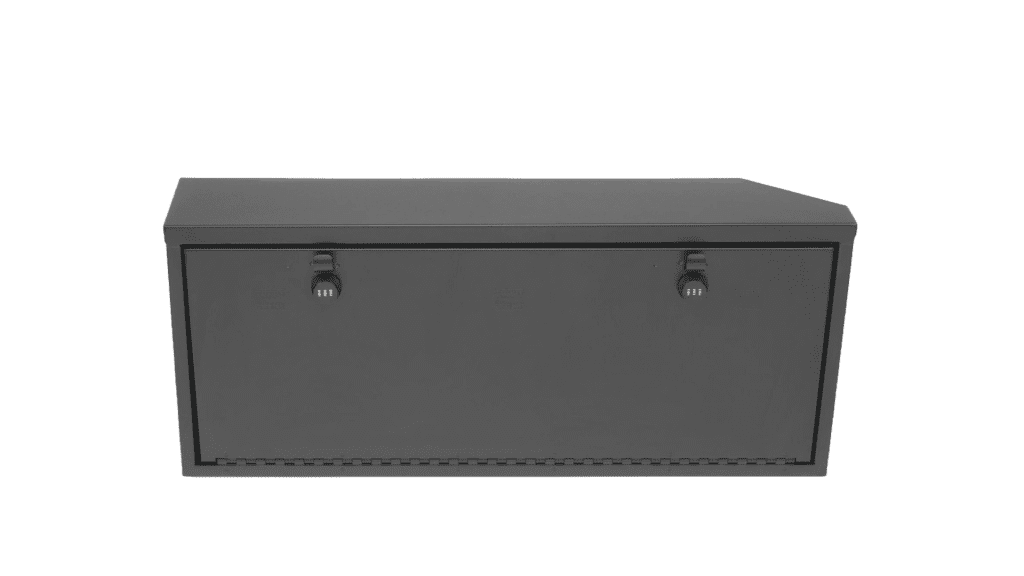 Front studio image of the Tuffy Tailgate Lockbox for Jeep Wrangler JL with dual 3-digit combination locks, showing secure, keyless entry design.